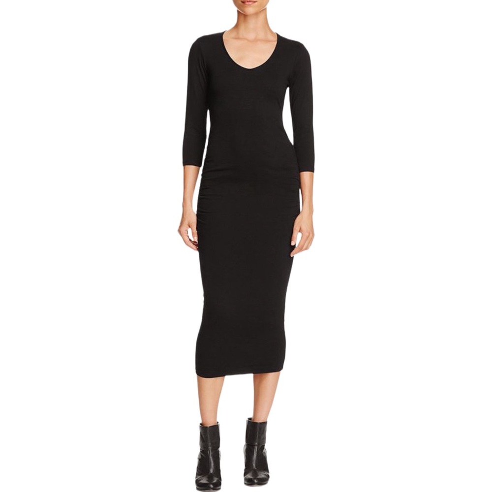 Michael Stars Ruched Midi Dress Nocturnal Size XS Black Bodycon Minimalist